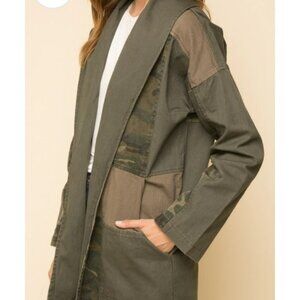NWT Mystree Womens Patchwork Open Front Jacket With Camo & Olive Green Design M